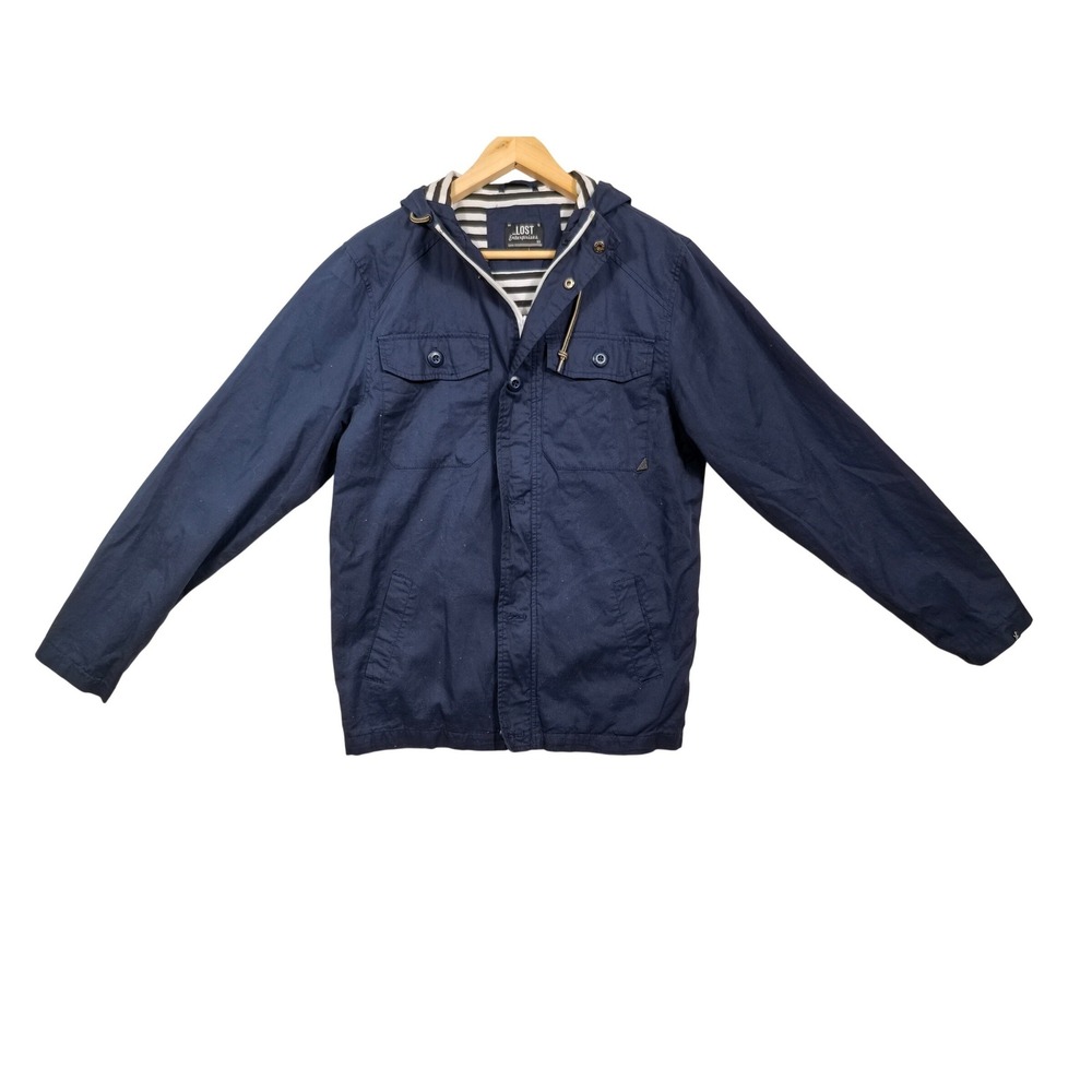 Lost Enterprises Mens Small Navy Blue Hooded Utility Jacket‎ Striped Lining